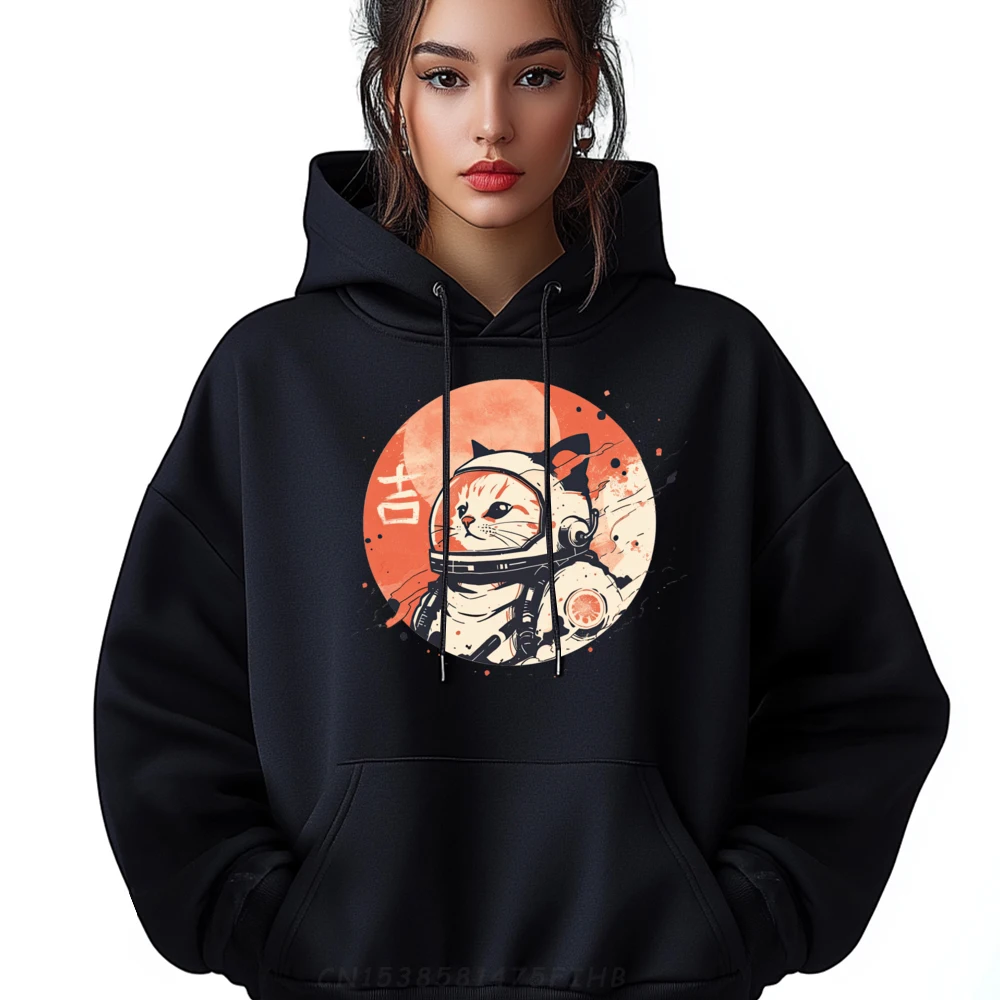 Japanese Minimalist 1950s Retro Space Cat Grahpic Pullover Men's Polyester Fiber Hoodie England Style