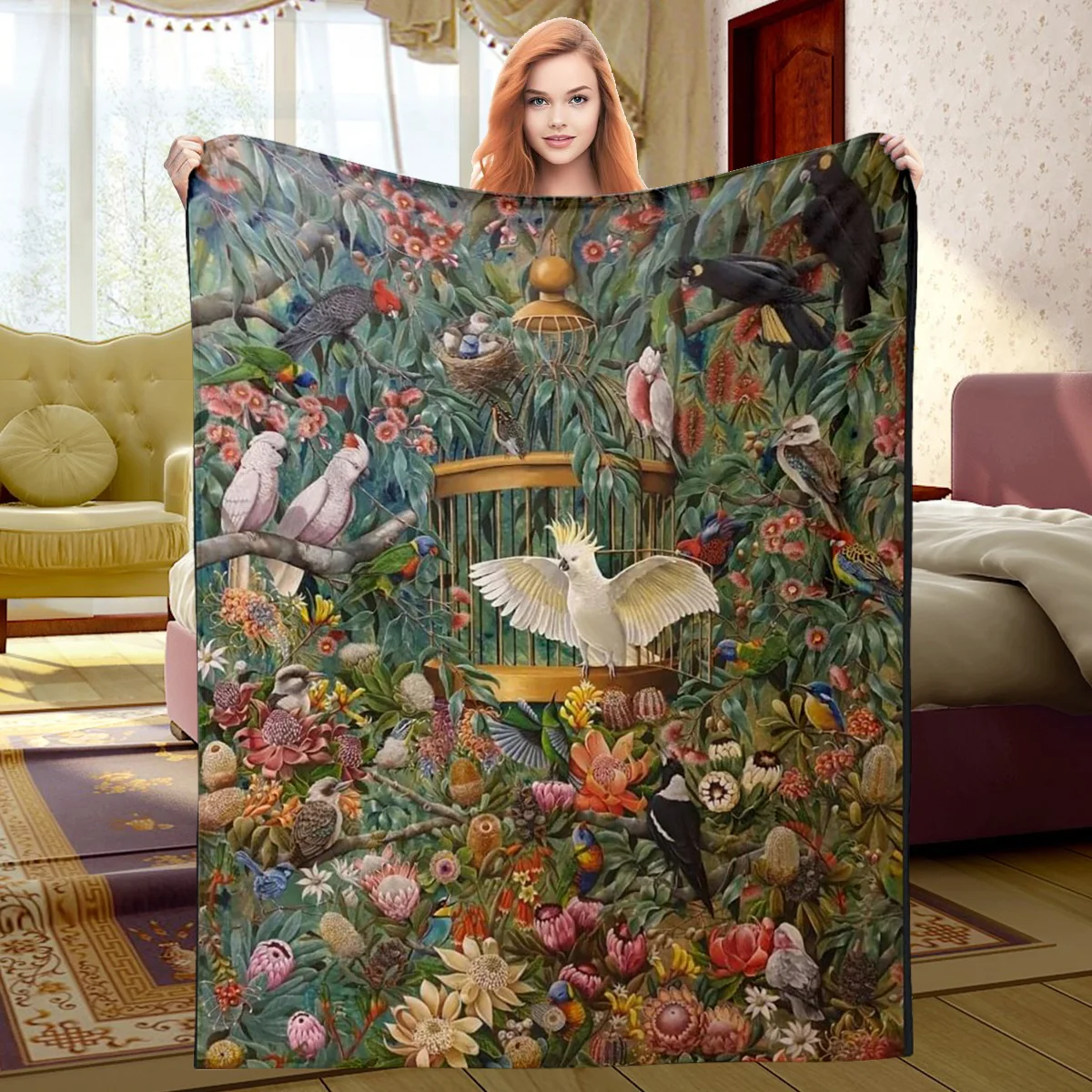 Lush Green Jungle Background All Kinds Parrot Cockatoo Birdcage Tropical Bird Full Print Fluffy Blanket Warm Couch Cover Gift