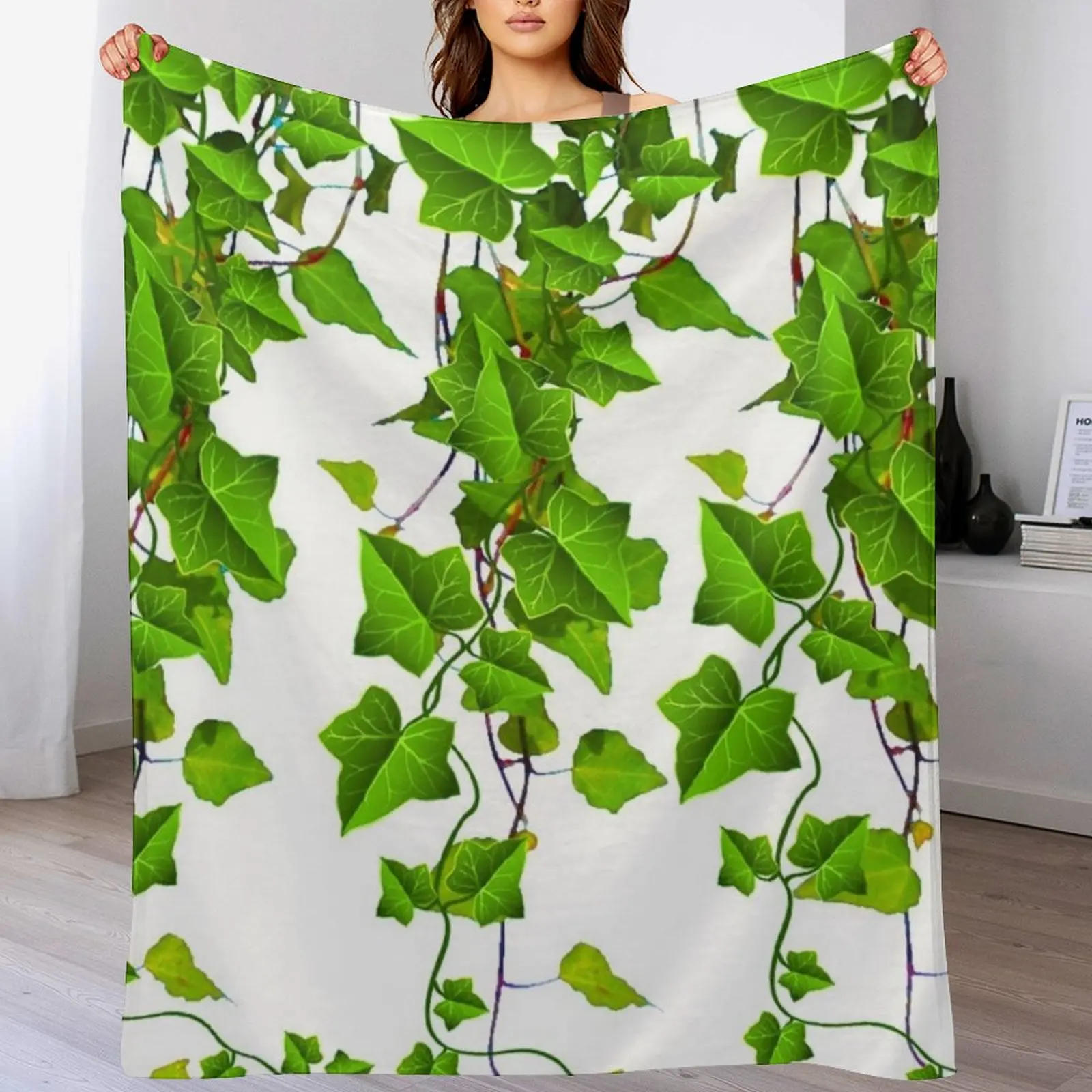 DECORATIVE SPRING GREEN TRAILING IVY VINES ON WHITE Throw Blanket Soft Beds Tourist Cute Plaid Furrys Blankets