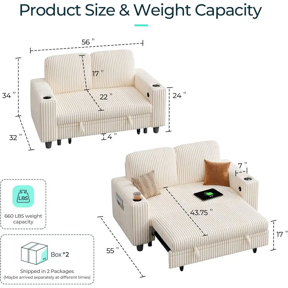 أريكة بمقعدين قابلة للتحويل 2 في 1 مع كرسي قابل للسحب وحاملات USB وأكواب، سروال قصير من القطيفة، بيج للمساحات الصغيرة
