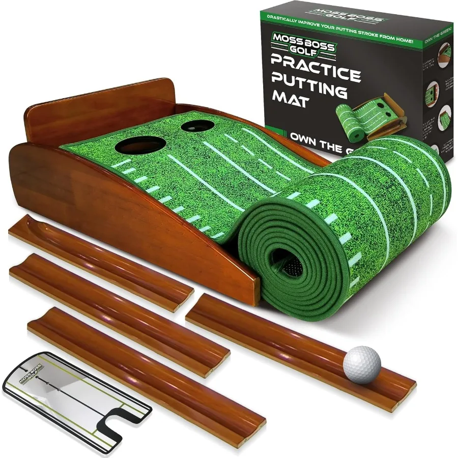 Indoor Golf Practice Mat with Automatic Ball Return Track and Putting Mirror for Home Office and Mini Games Perfect Training To