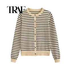 TRAF Spring Autumn New Product Women Simple Round Neck Long sleeved Striped Fine Knitted Cardigan Sweater Coat ﻿