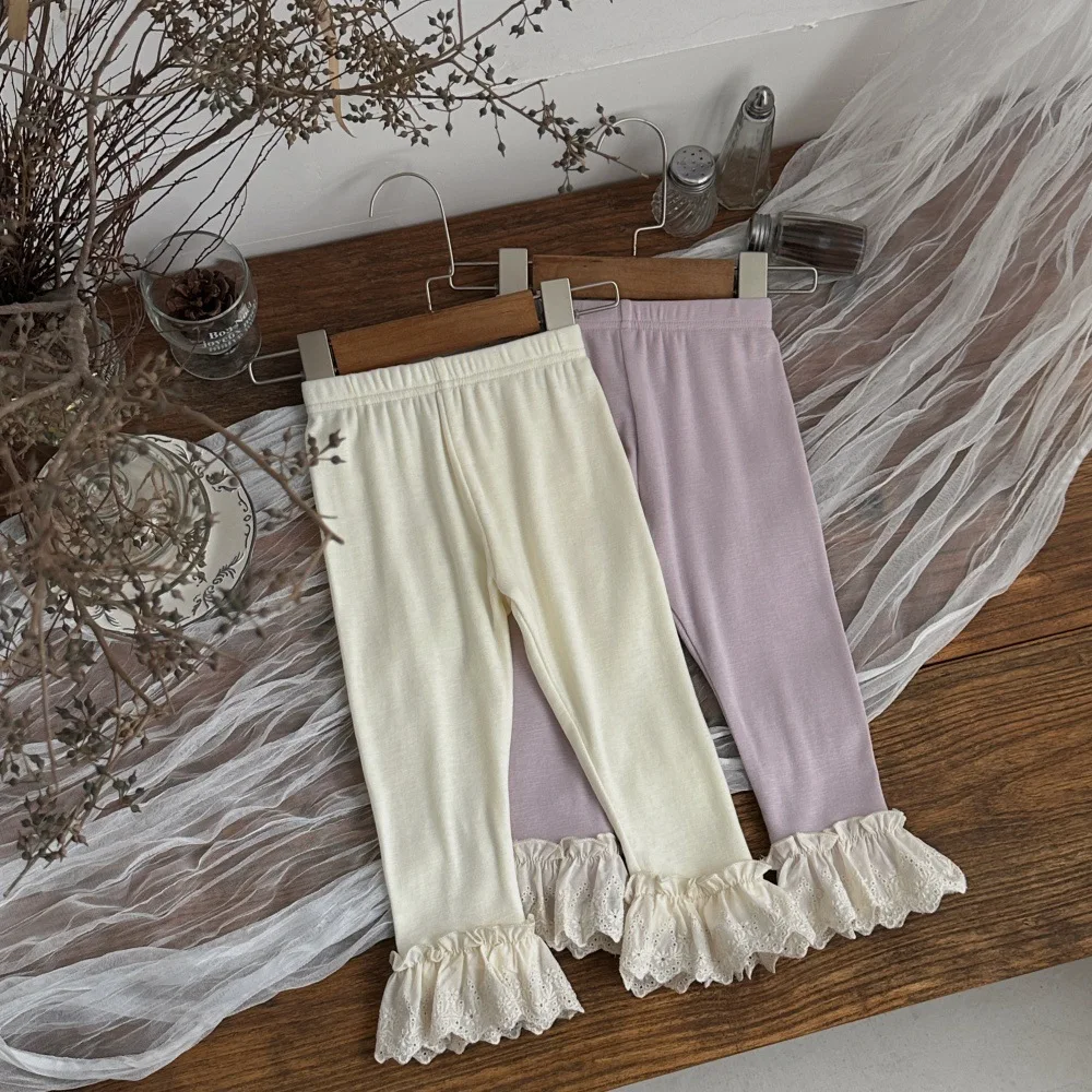 2026 Autumn New Baby Girl Cotton Leggings Princess Lace Flared Trousers Infant Girls Casual Pants Solid Toddler Clothes