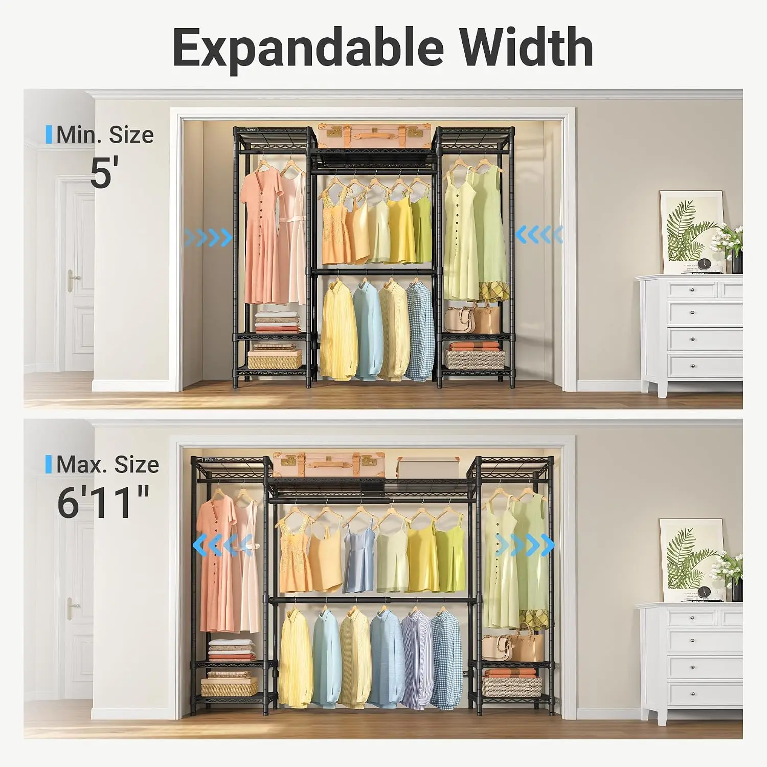 Heavy Duty Expandable Metal Garment Storage System Portable Closet Organizer With Multi Hanging Bars & Wire Storage Shelves Large Load Bearing Black Household Wardrobe Holder