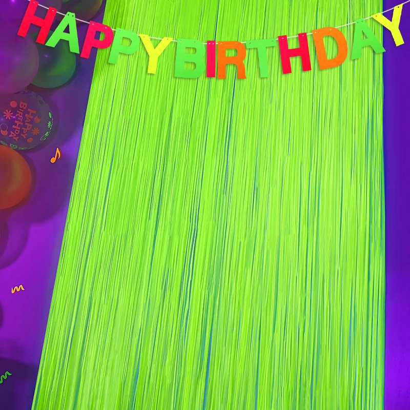 Glow Party Neon Foil Fringe Curtain Backdrop Happy Birthday Paper Banner Garland UV Black Light Glow in the Dark Decoration