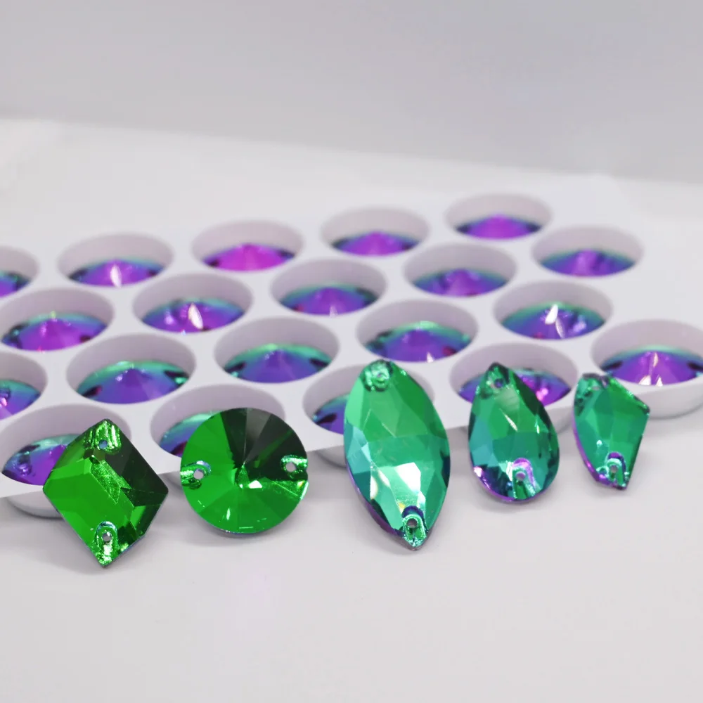 All Shape Green Volcano Sew On Rhinestones Glass Flatback Sewing Beads Crystal Dress Accessories for Costume Clothes Garments
