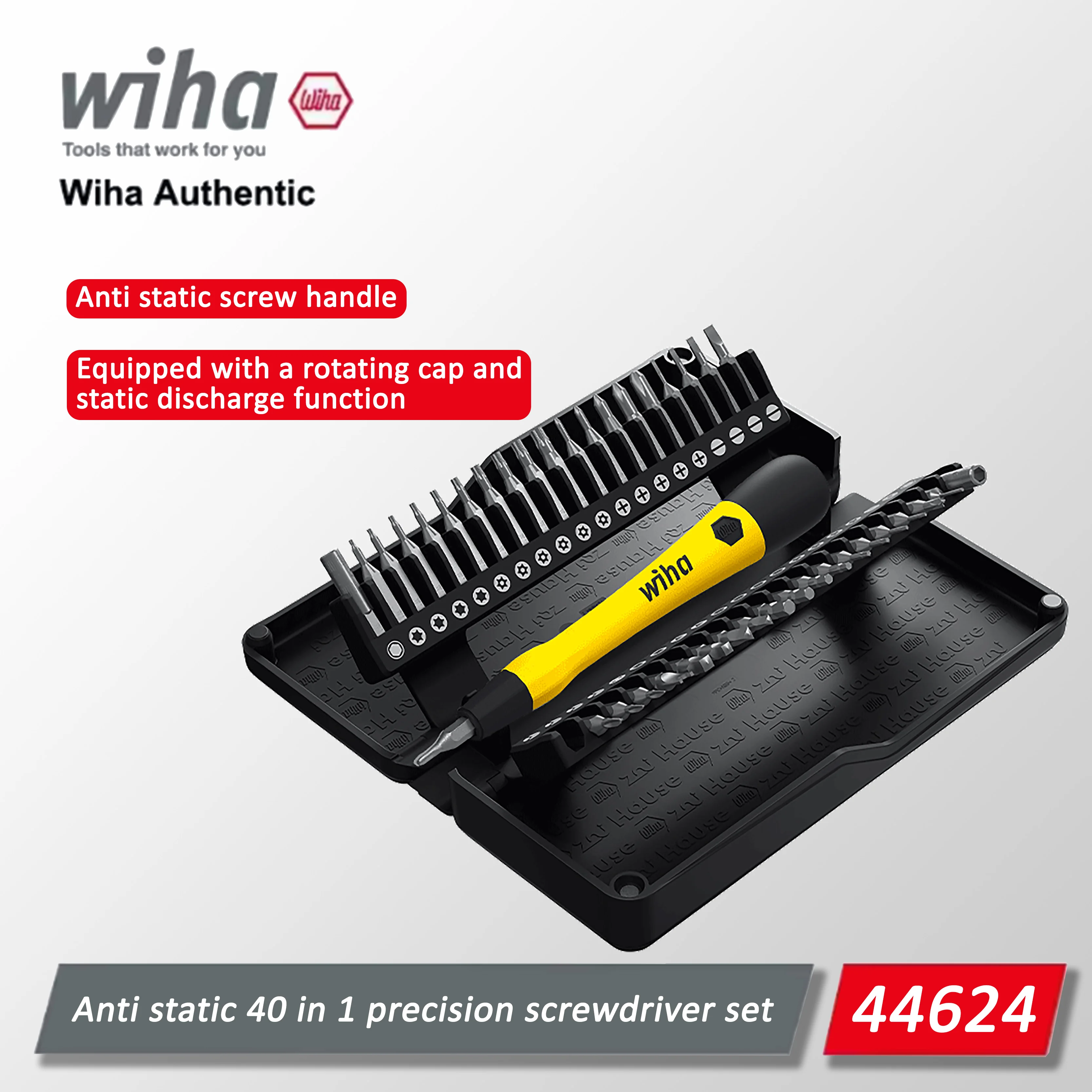 Wiha Anti Static 40 in 1 Precision Screwdriver Set, Mini Screwdriver Head Set, with Extension Rod for Safe Storage 44624
