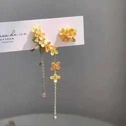 Kiss Jewelry Sweet Yellow Asymmetric Osmanthus Tassel Earrings for Women Fashion Chinese Style Elegant Flower Drop Earring Gift