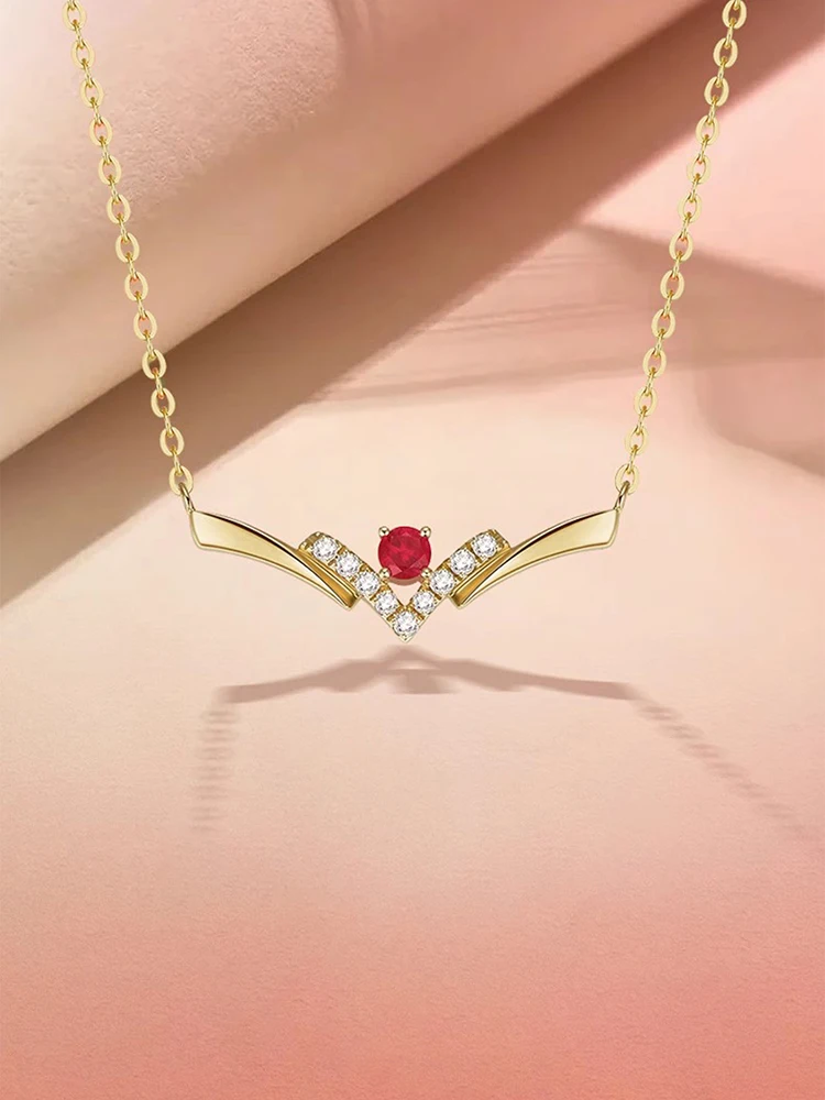 

S925 Sterling Silver Necklace Women Crown Shaped Red Zirconia Pendant Luxury Collarbone Chain for Women Daily Wear Holiday Gifts