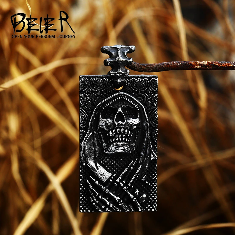 Beier Stainless Steel Grim Reaper Death Scythe Geometric Square skull Pendant Pendant Chain Necklace men Jewelry BP8-532