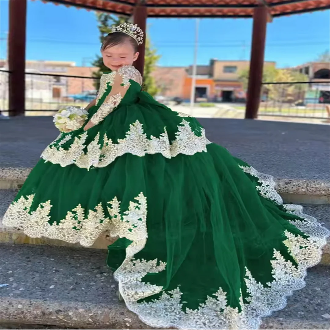 Meninas rendas manga vestidos da menina de flor com trem crianças tule em camadas pageant vestido cetim arco comunhão vestidos festa casamento