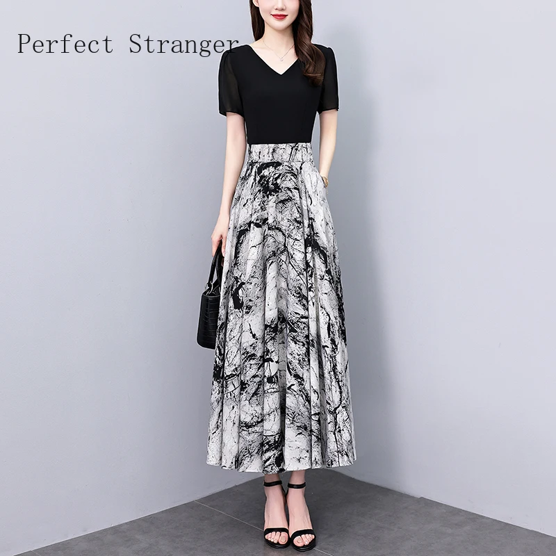 2024 Summer New Chiffon Short Sleeve Dress Black Floral Women Vestidos Elegant Tunics  Vintage Bodycon Prom Maxi Long Dresses