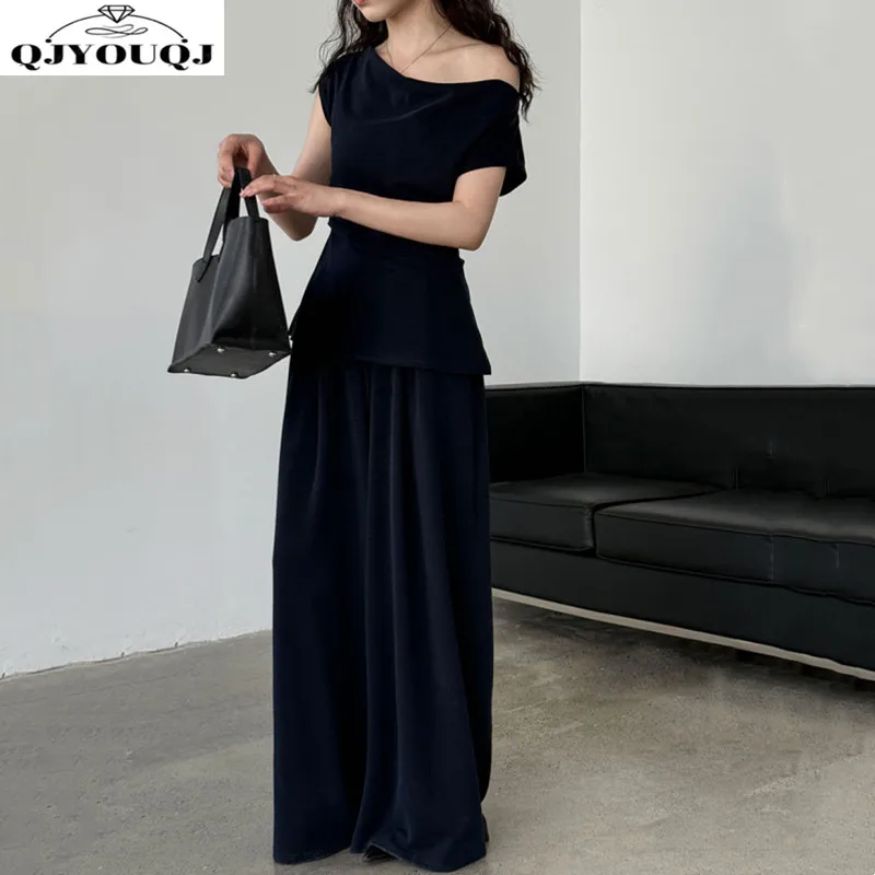 

Korean style swing collar asymmetrical sloping shoulder T-shirt+high waist casual wide leg pants two-piece set