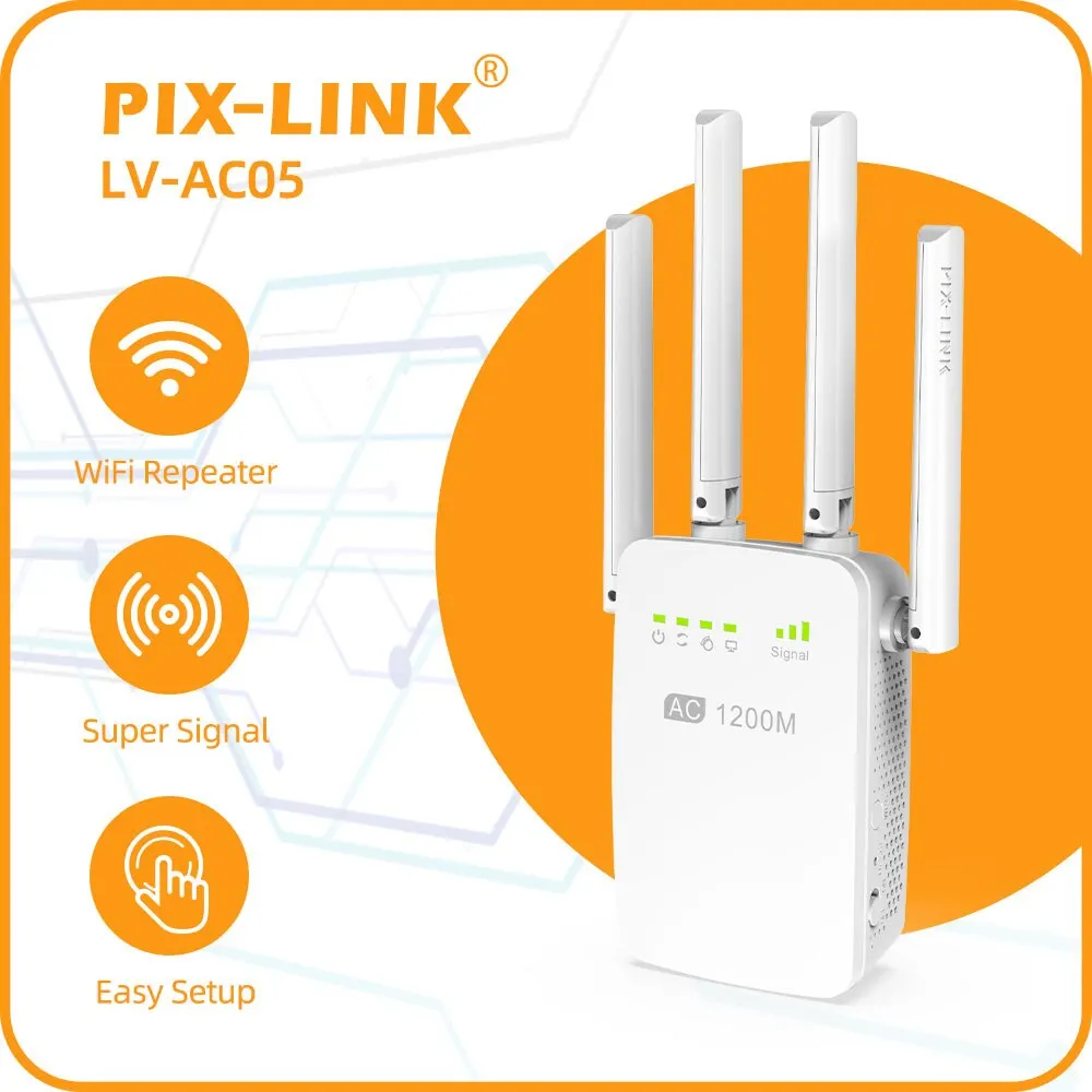 PIX-LINK AC05 1200Mbps موسع واي فاي لاسلكي واي فاي مكرر/جهاز توجيه ثنائي النطاق 2.4 & 5.8Ghz 4 واي فاي هوائي طويل المدى إشارة مكبر للصوت