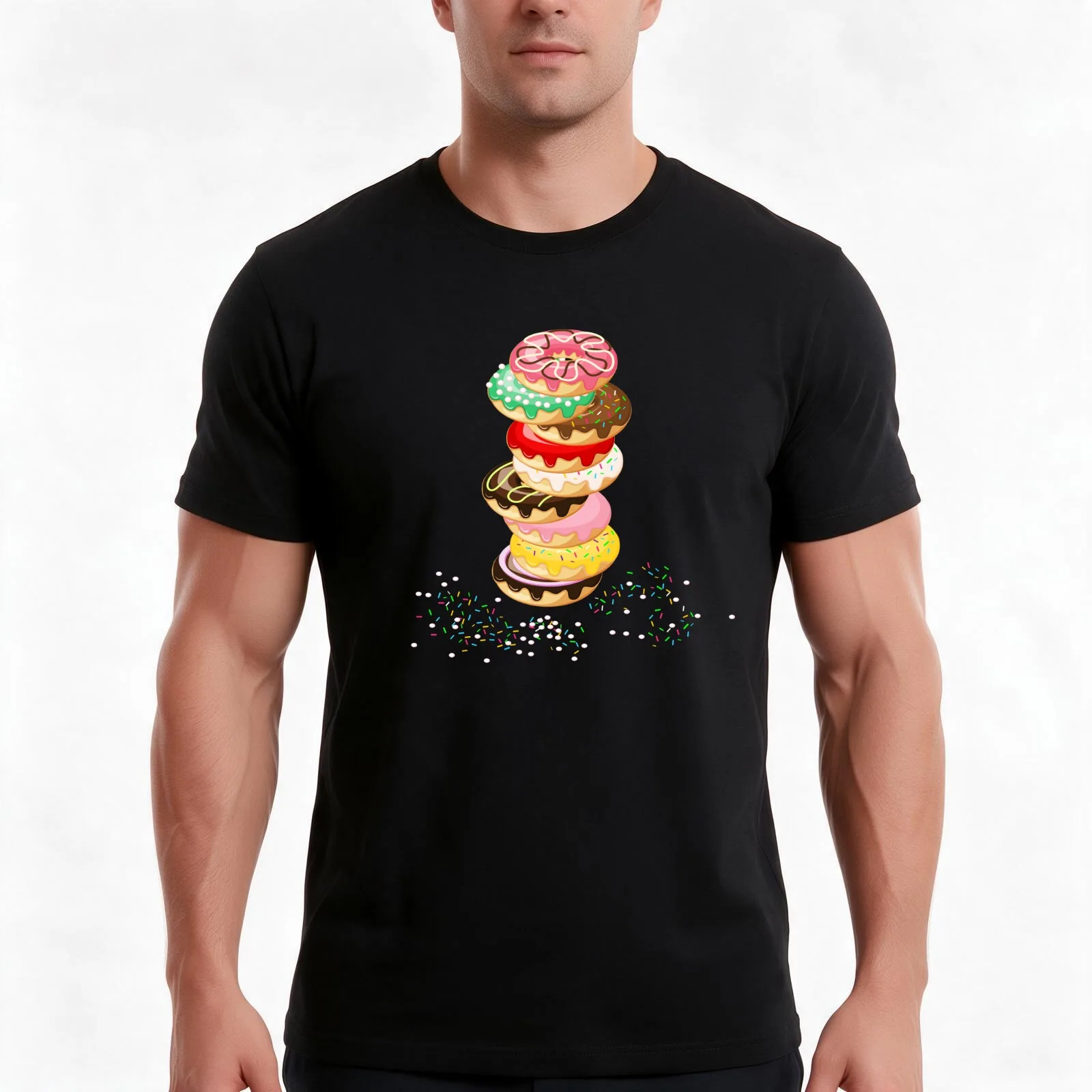 Stack of Delicious Donuts with Colorful Icing T-Shirt Summer Casual Cotton Tee Oversized Streetwear Tops Unisex Men Women