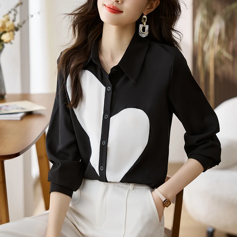 

QOERLIN Black Shirts Women 2024 Spring Autumn New Long Sleeve Blouse Lapel Chiffon Blouse Single-Breasted Button Up Tops Female