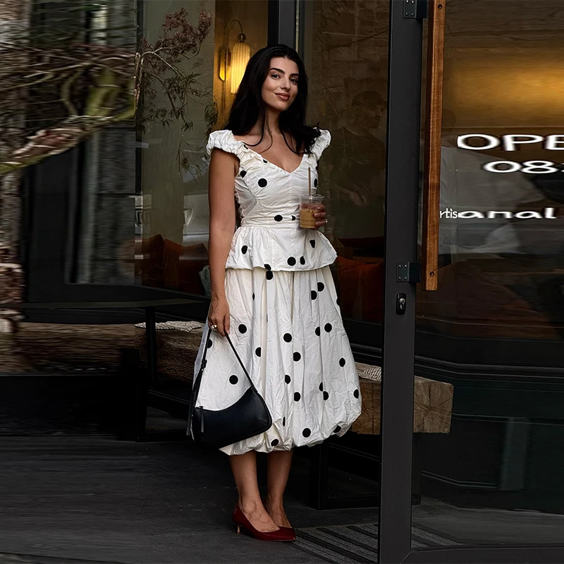 Vintage Polka Dot Top Skirt Suit Women Trendy Ruffles Pleated V-neck Sleeveless Hem Dress Suit Summer Vacation Date Daily Outfit