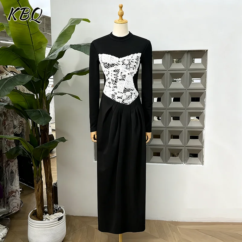 

KBQ элегантное утягивающее кружевное платье-туника со складками для женщин, вечернее платье с воротником и длинными рукавами и высокой талией, женское зимнее платье