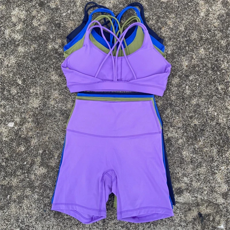 Solid Color Gym Bike Yoga Set Short Legging Cross Back Sport Bra 2pc Tracksuit Athletic Women Gym Suit Comprehensive Training Jo - Image 2