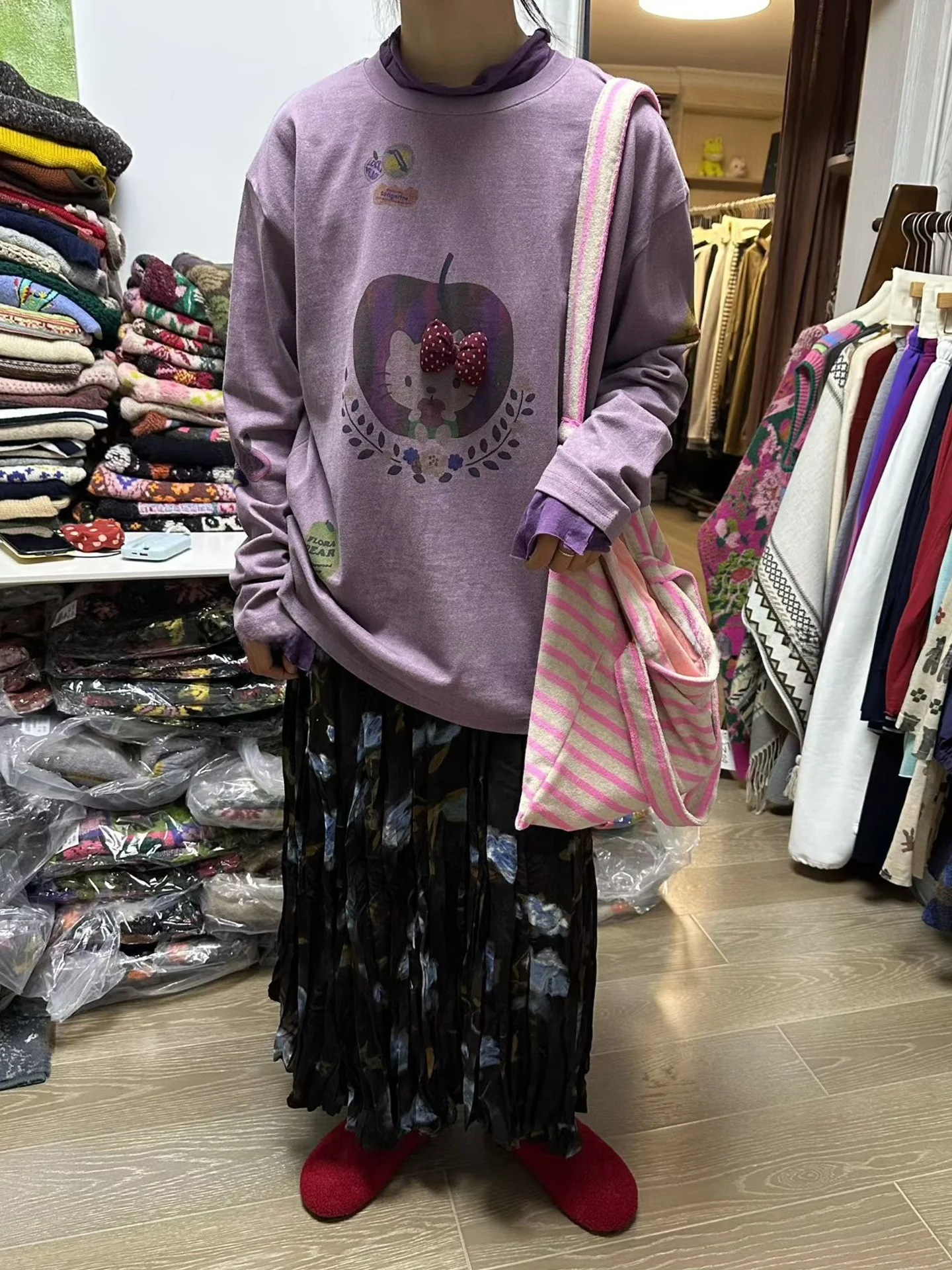 

Loose Women's Autumn Winter ey Cartoon Patterned Knot Top plus Size Comfortable Fit Faionable Vintage Sle