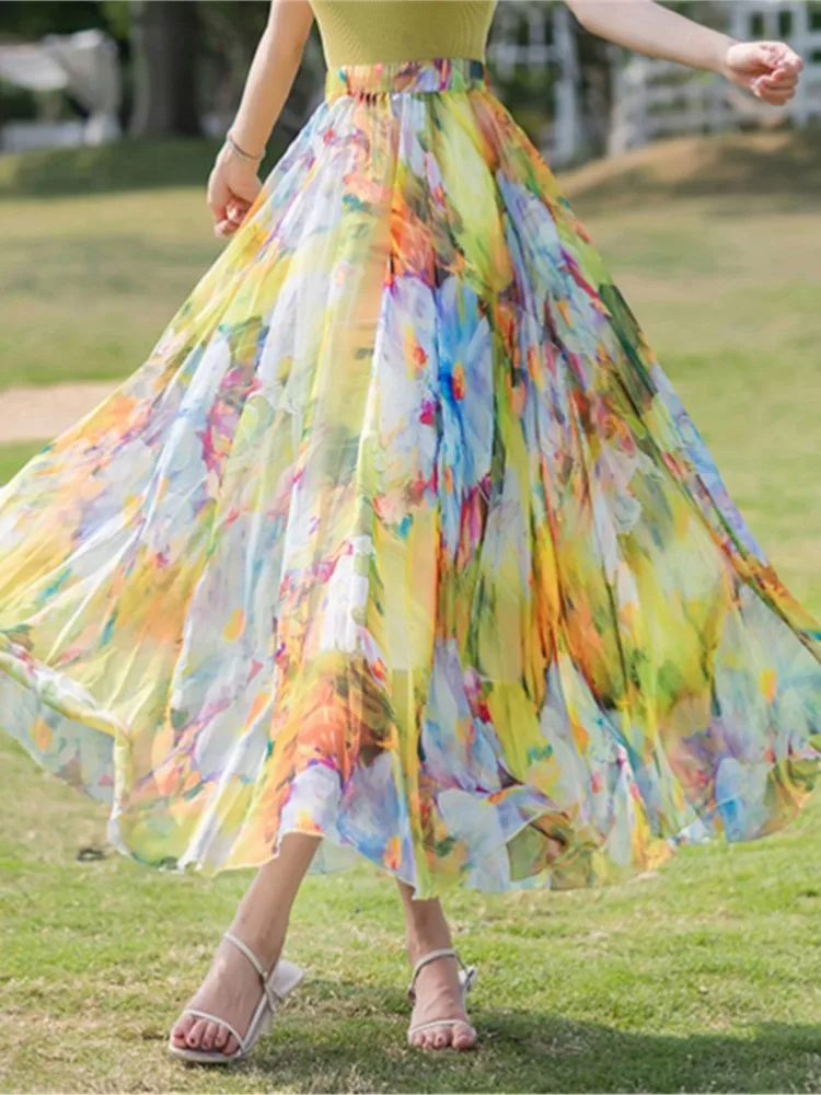 New Elegant Skirts For Women Spring Summer Chiffon Half-body Skirt Crushed Flower Vacation Style Women's Beach Pleated Skirt