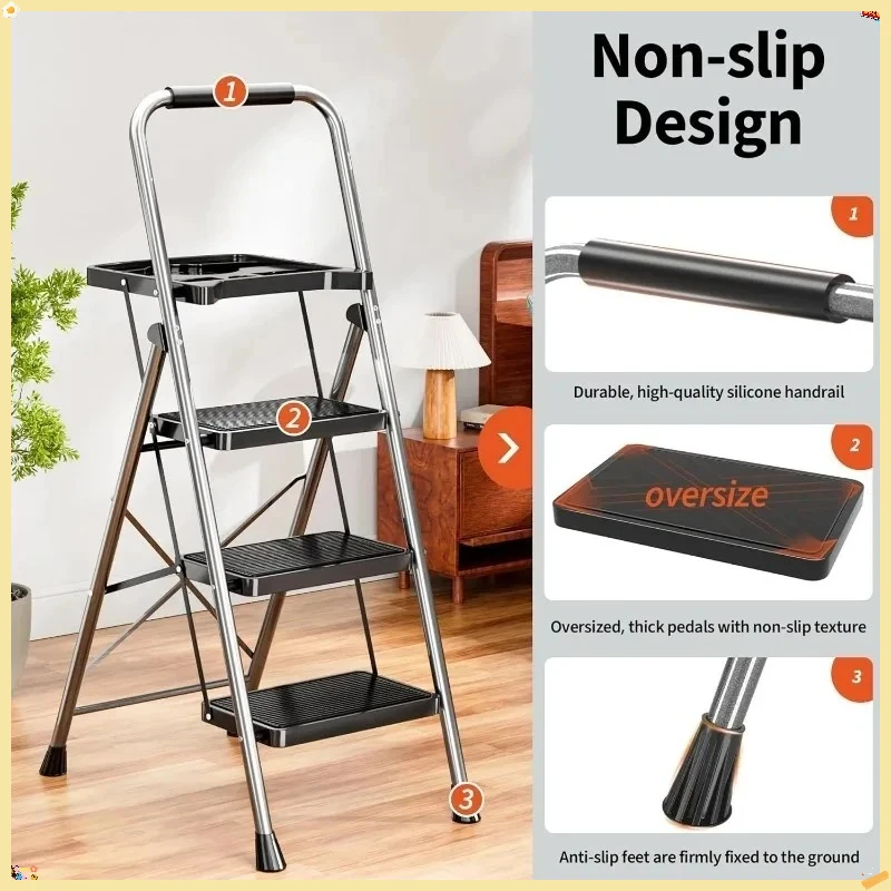 Escalera de 3 escalones, taburete plegable con plataforma de herramientas, pedal antideslizante ancho y pies antideslizantes, construcción de acero más robusta, gris