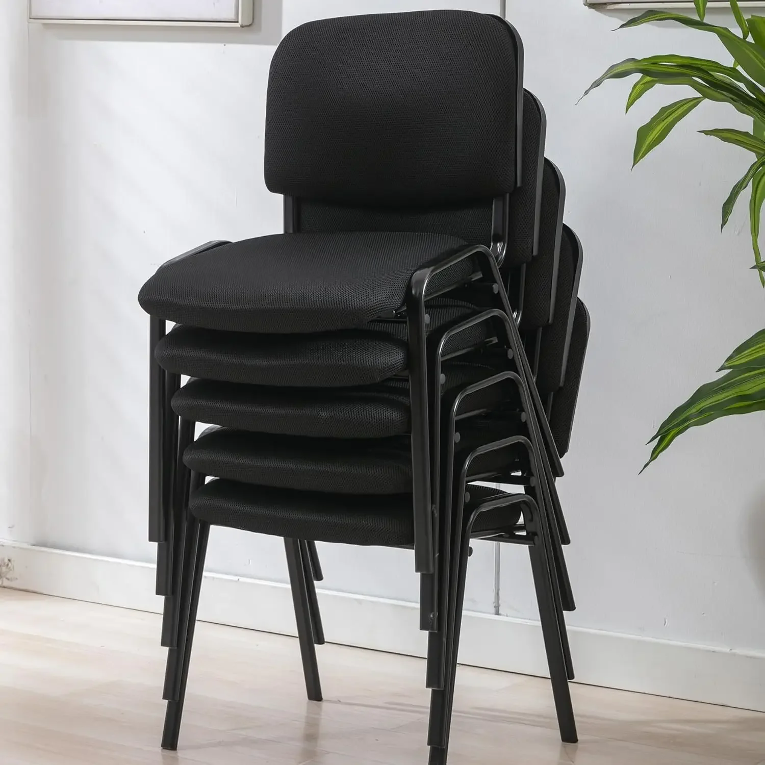 Chairs Set of 5, Padded Stacking Chairs, Black Office Waiting Room Chairs Without Arms, for Church/Conference Room/School Classr