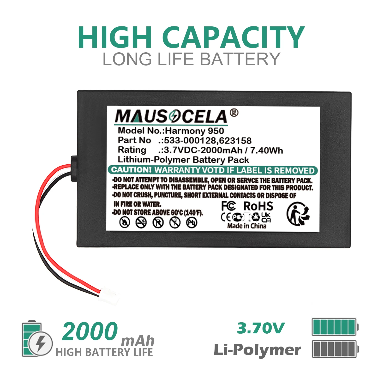Remote Control Replacement Battery For Logitech:Harmony 950,915-000260,Elite,915-000257,533-000128,623158,2000mAh / 7.40Wh,3.70V