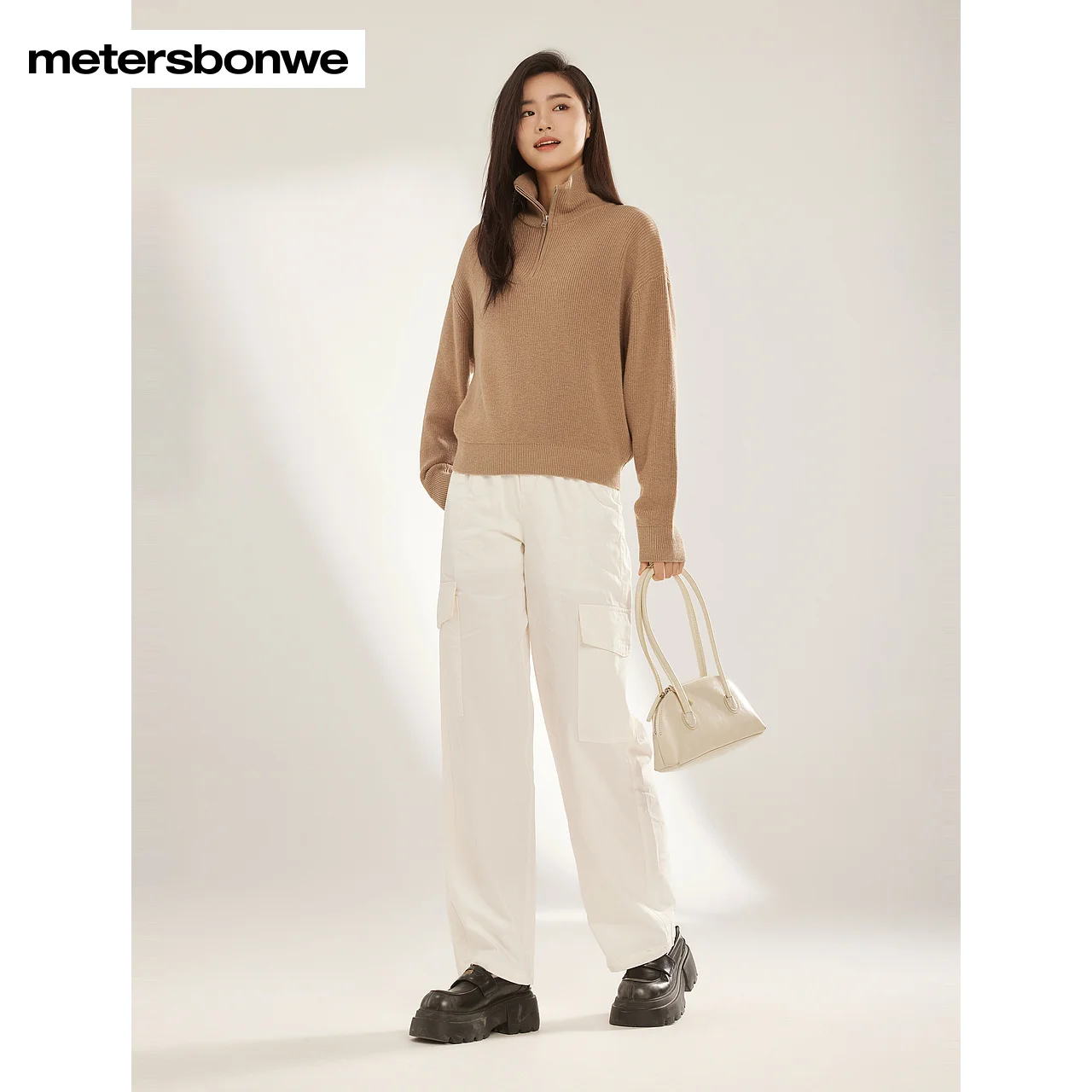 Metersbonwe-Women\'s New Mock-Neck Solid Color Sweater Long Sleeve Air Permeability Warm Jumper Elegant Simple Winter