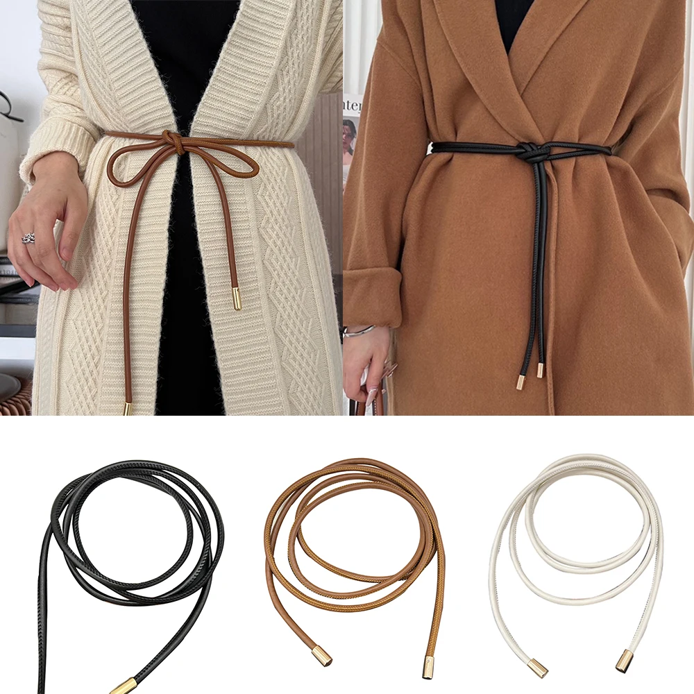 Women Lengthen Leather Waist Chain Thin Belt Simple Decoration Tie Dress Long Waist Rope Knotted Vintage Dress String Waistband