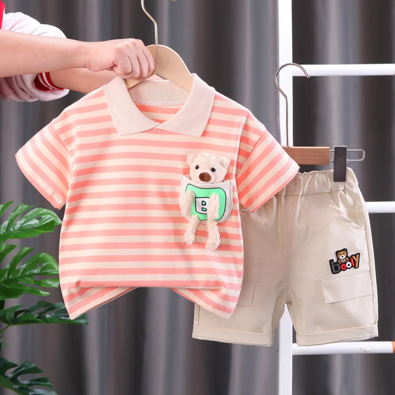 Fashion Summer Kids Baby Boys Striped Suits Short Sleeve T-Shirt with Doll+Shorts Casual Clothes Outfit Girls Clothing 2PCS/Set