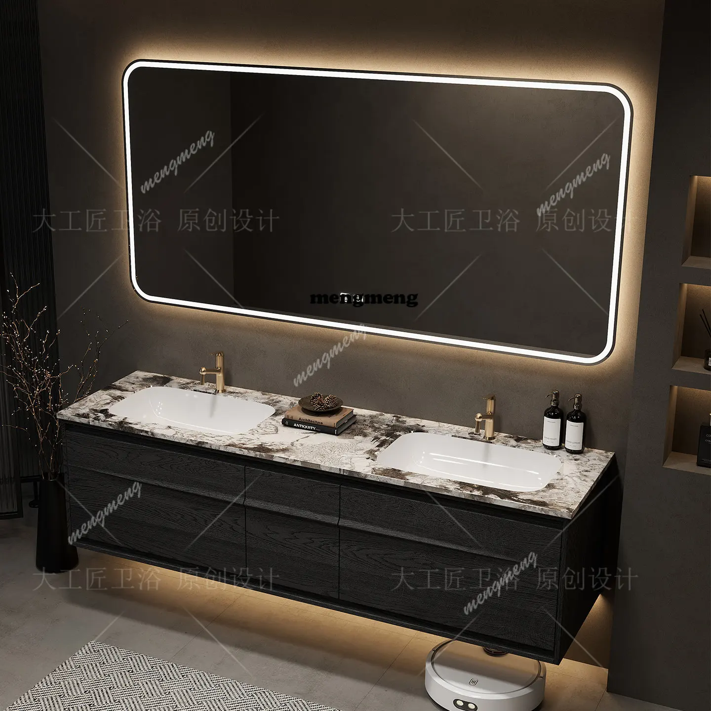 

Bathroom Cabinet Combination Natural Luxury Stone Seamless Basin Wash Sink Wash Table Walnut Semi-transparent High-end Bathroom
