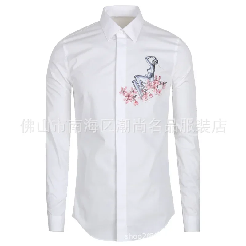 European and American style new long sleeved men's shirt fashionable wrap up print trendy shirt