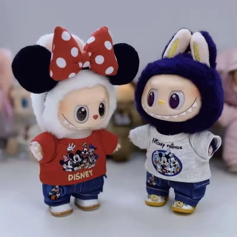 

Labubu Sitting Party Vinyl Pendant Doll Clothes Hand-Made Baby Clothes 15cm Red Mickey Donald Duck T-Shirt+Jeans