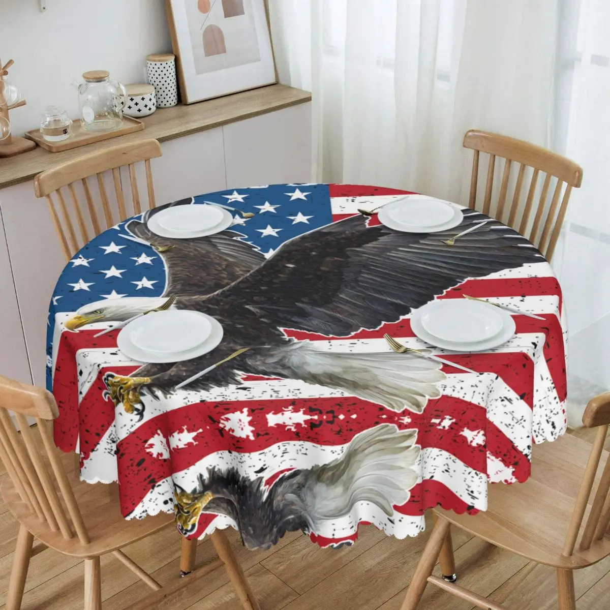 

Bald Eagle American Flag Round Tablecloths 60 Inch USA Patriotic Table Cover for Kitchen Table Cloth