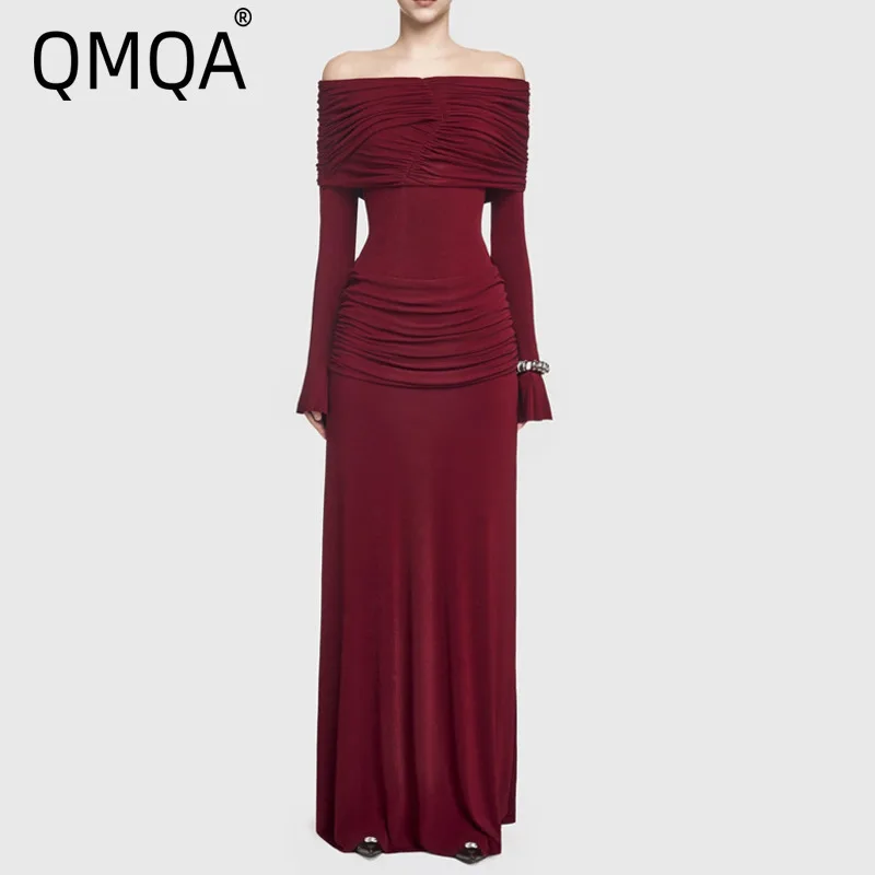 QMQA Fashion Women's Wine Red High-end Banquet Dresses Slash Neck Long Sleeve Pleated Slim Fit Solid Elegant Dress 2025 New QM36