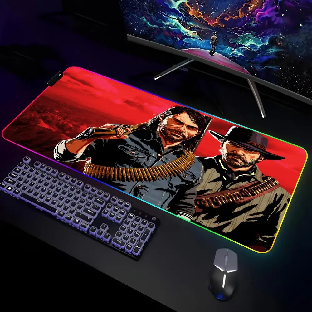 Red Dead R-Redemption 2 Mouse Pad Gamer RGB Deskmat Keyboard Mat Gaming Laptops LED Mousepad Desk Protector Anime Mause Mats