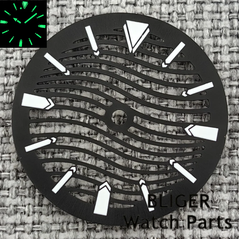 BLIGER New Hollow-out Watch Dial And Skeleton Hands Fit 29mm Black Silver Blue Green Dial C3 Green Luminous Fit NH70 NH72