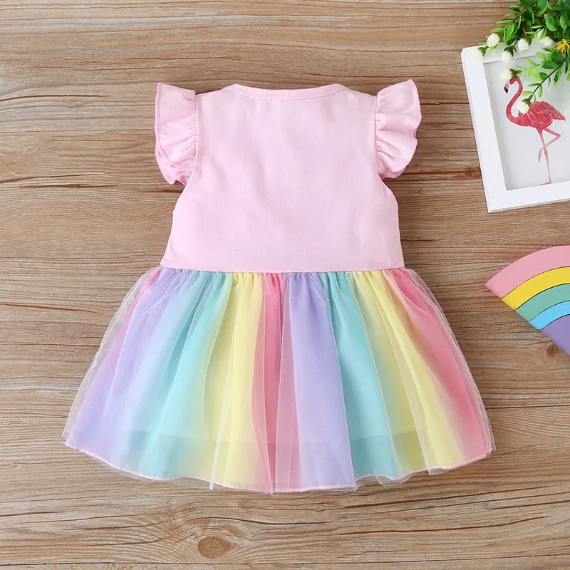 Summer Girls\' Rainbow Dress 0-4Y Cute Children\'s Mesh Patchwork Princess Dress Kid\'s Clothes Baby Flying Sleeve Fluffy Skirt