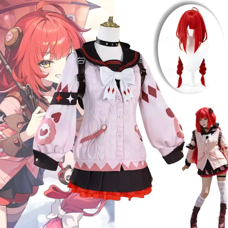 

Ukinami Yuzuha Costume Game Zenless Zone Zero Cosplay Sailor Suit Pink Coat Uniform Character Outfit Red Hair Wig Full Set