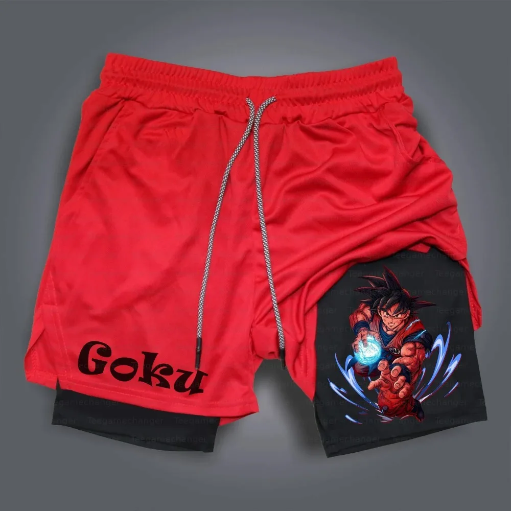 Dragon Ball Anime Goku Periphere bedruckte doppellagige Shorts, amerikanische sportliche Sommerhose für Herren, lockere und atmungsaktive Hose