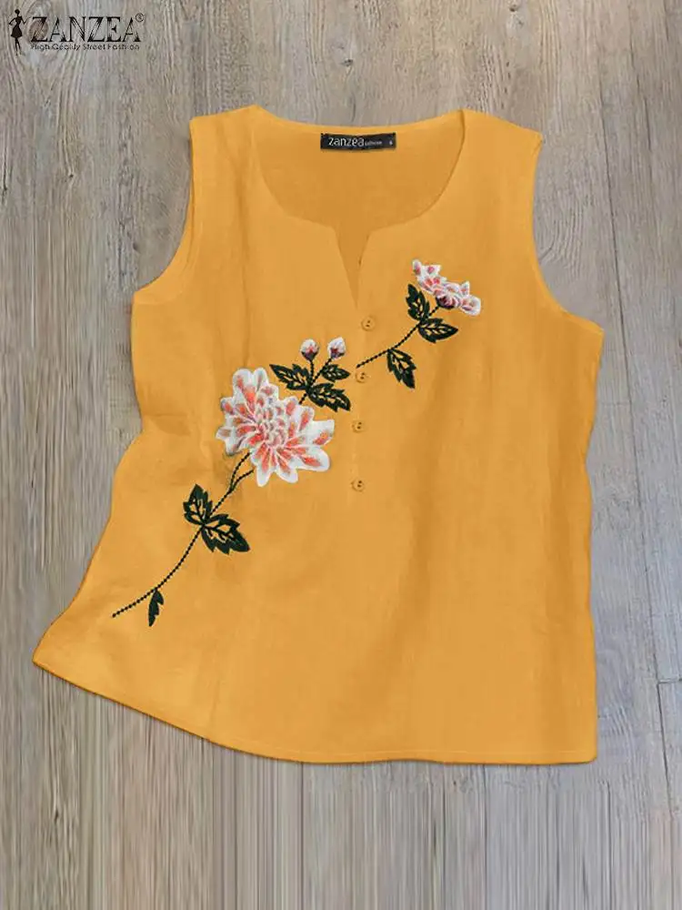 ZANZEA Women V Neck Tees Tops Casual Loose Daily 2024 Summer Cotton Tanks Embroidery Flower Vintage Leisure Holiday Blusas Shirt