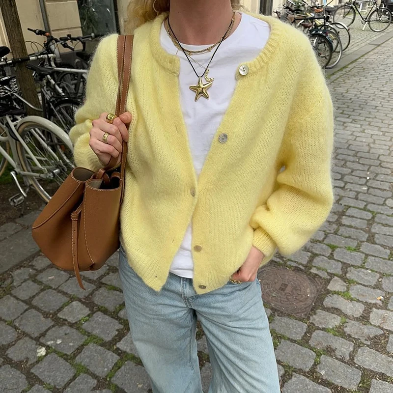 Tornova モヘア固体ニットカーディガン女性のファッション長袖ボタンカジュアルセーターコート女性の新しい秋カーディガントップ