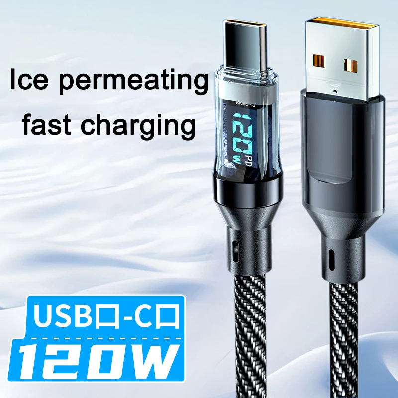 

120W USB to Type C Cable Phone Super Fast Charging Cable 100W Type-C To Type-C Data Cord With LED Display For Huawei Oppo Vivo