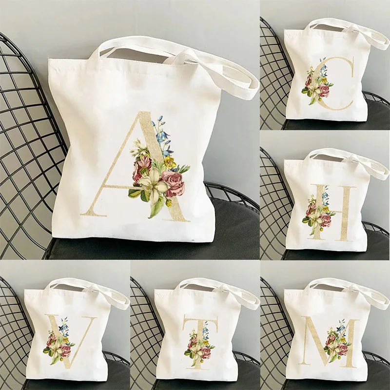 

Цветы алфавит A-Z женские сумки-тоут для покупок холст большой вместимости студенческие туалетные принадлежности органайзеры повседневные сумки-тоут с буквами подарок