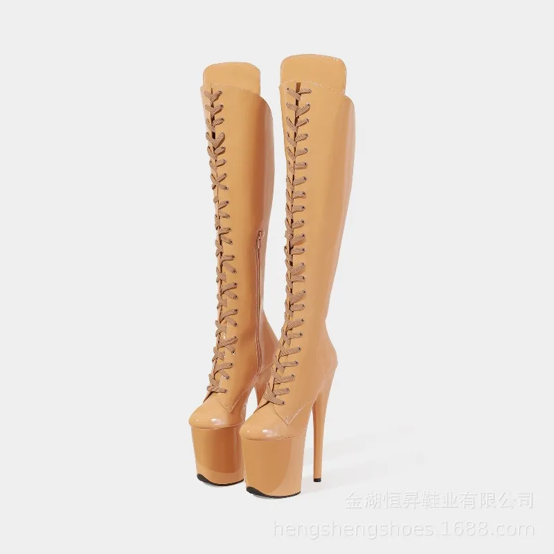 

High Boots New PU Upper 20CM Thin Heel Round Toe Fashion Women's Platform Party Cross Tied Side Zip Long Boots Pole Dance Shoes