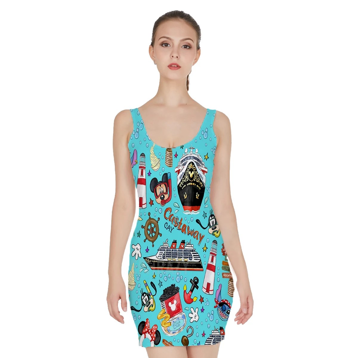 ديزني كروز فستان مثير المرأة فستان قصير الأكمام ميكي كروز فستان ديزني لاند ميكي والأصدقاء فستان الشاطئ فستان غير رسمي #5