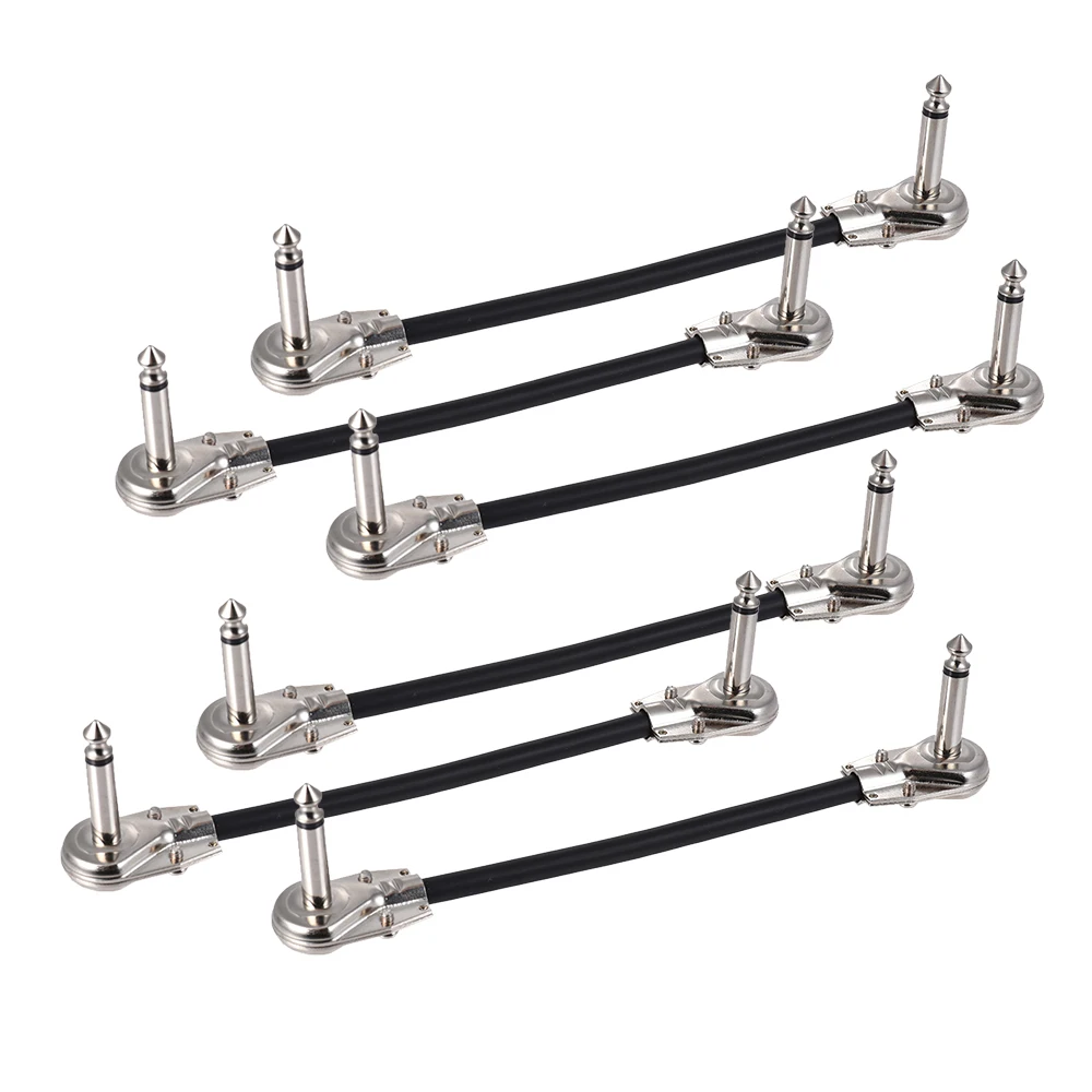 15cm/ 6in Guitar Effect Pedal Instrument Patch Cable 1/4'' Silver Right-angle Plug Black PVC Jacket, 6-Pack