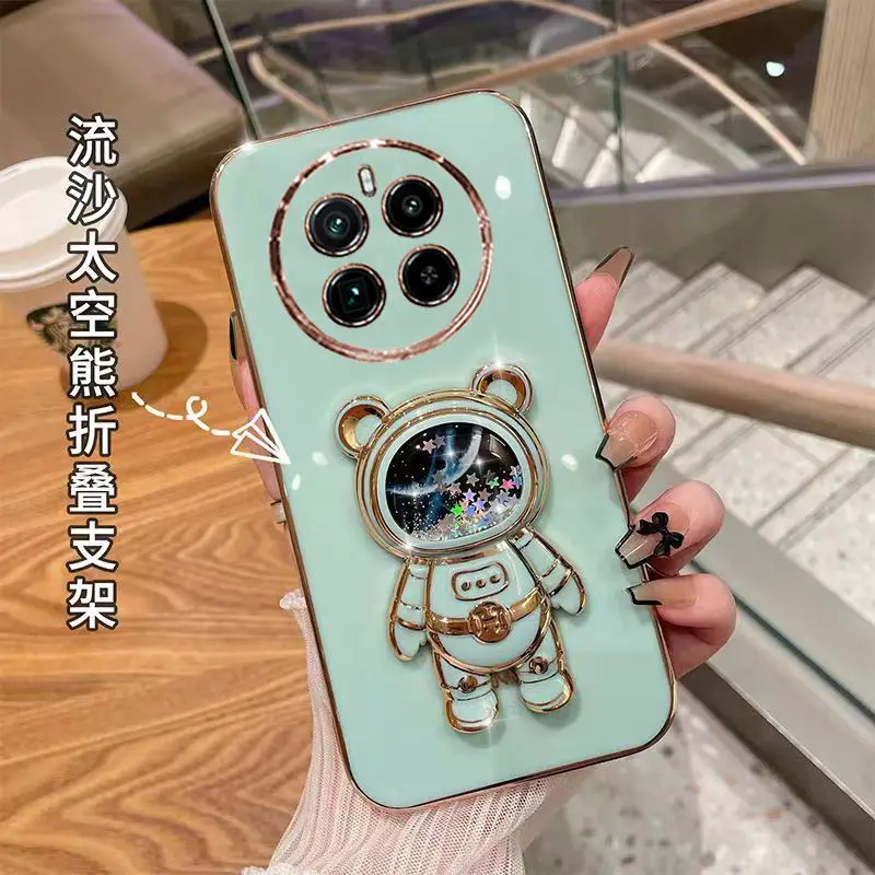 For Realme 12 Pro Plus Astronaut Quicksand Holder Phone Case For OPPO Realme 12 Pro+ 11 Pro Plating Stand Soft Silicone Cover