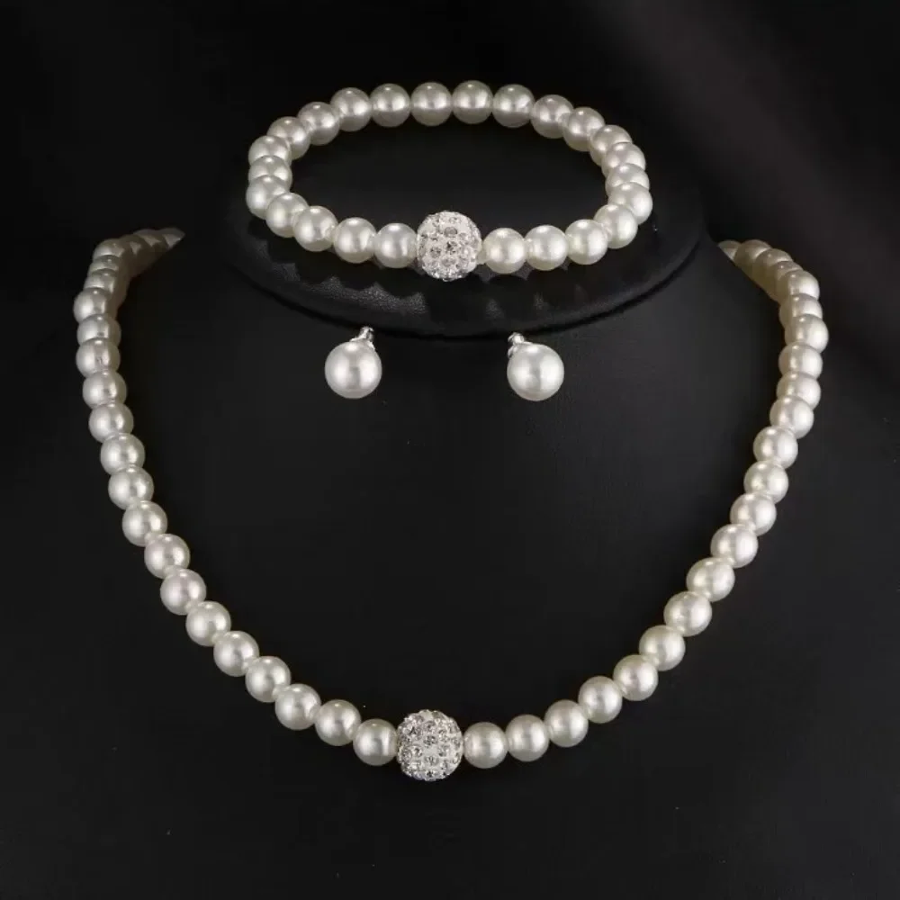 Set 3pcs Classic Trendy Imitation Pearl Crystal Necklace Bracelet Earring for Women Luxury Wedding Bride Korea Set Jewelry Gifts